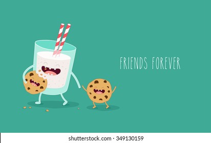 Breakfast, milk and cookies. Friends forever. Use in the menu, in the shop, in the bar, the card or stickers.