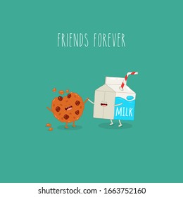 Breakfast, milk and cookies, vector cartoons of comic characters bottle. Vector illustration. Friends forever. Use for card, poster, banner, web design and print on t-shirt. Easy to edit.