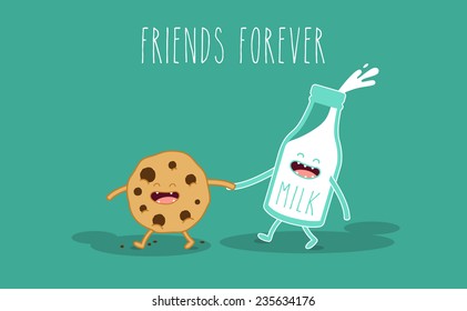 Breakfast. Milk and cookies, vector cartoons of comic characters bottle. Vector illustration. Friends forever. Use for card, poster, banner, web design and print on t-shirt. Easy to edit.