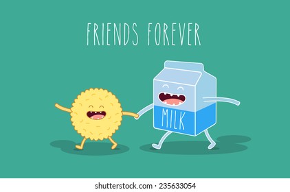 Breakfast, milk and cornflakes vector cartoons of comic characters. Friends forever. Breakfast time. Use for card, poster, banner, web design and print on t-shirt. Easy to edit. Vector illustration.