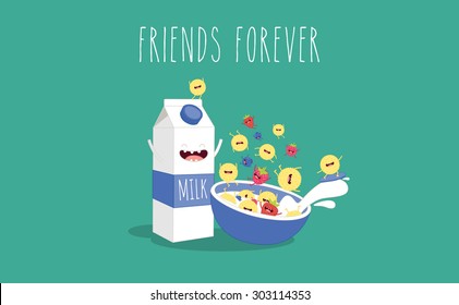 Breakfast, milk and cornflakes, vector cartoons of comic characters. Friends forever. Use for card, poster, banner, web design and print on t-shirt. Easy to edit.