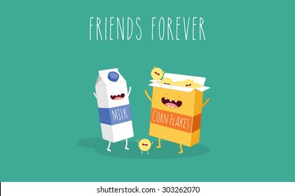 Breakfast, milk and cornflakes, vector cartoons of comic characters. Friends forever. Use in the menu, in the shop, in the bar, the card or stickers.