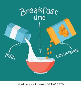 Breakfast with milk and cornflakes vector illustration isolated on green background