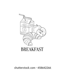 Breakfast With Milk, Croissant And Apple Hand Drawn Realistic Sketch