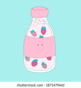 Breakfast, milk and strawberry. Vector illustration. Use for card, poster, banner, web design, print on t-shirt. Kawaii style milkshake. 