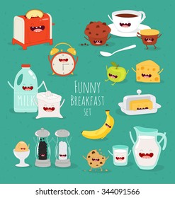 Breakfast, milk, tea, banana, eggs, apple, toaster, funny breakfast set. Comic characters. Vector illustrations. Use in the menu, in the shop, in the bar, the card or stickers.