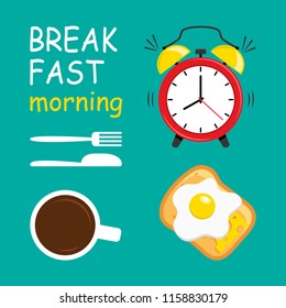 Breakfast morning. Alarm clock, coffee, fried eggs, cheese and bread, fork and knife. Vector illustration