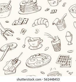 Breakfast and morning doodle seamless pattern. Vector illustration