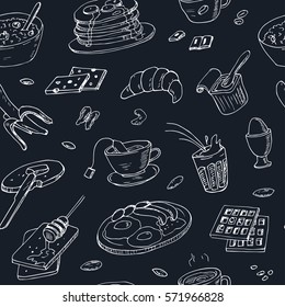 Breakfast and morning doodle seamless pattern. Vector illustration