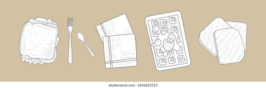 Café-da-manhã e Comida da Manhã Desenhado à Mão Produto Vetor Conjunto