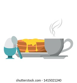 Breakfast morning food pancakes with cooked egg and coffee cup cartoons vector illustration graphic design