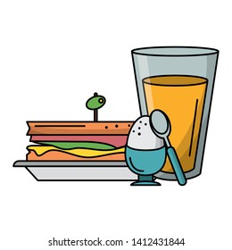 Breakfast morning food sandwich and cooked egg with orange juice cartoons vector illustration graphic design