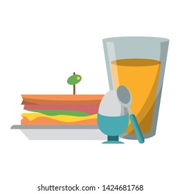 Breakfast morning food sandwich and cooked egg with orange juice cartoons vector illustration graphic design