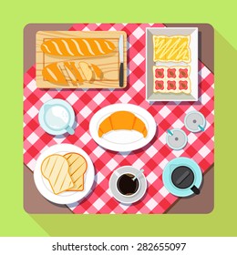 breakfast in the morning include set of coffee and bread on table. top view and flat design. A vector illustration.