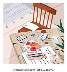 Breakfast, morning meal with coffee mug and dish. Dining table with cappuccino cup, milk, fried egg, food on plate, phone, chair. Modern serving, cozy brunch setting. Flat vector illustration