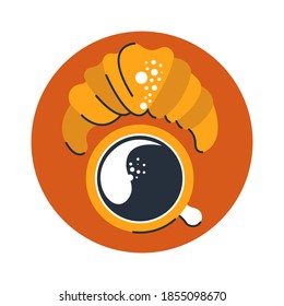 Breakfast, morning meal. Cup of coffee and cake on a plate. Vector illustration.
