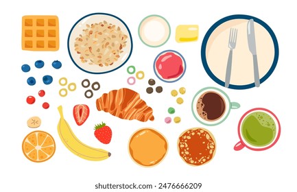 Breakfast morning meal menu with coffee, croissant, waffles top view banner vector illustration. Breakfast hotel, cafe or restaurant banner.