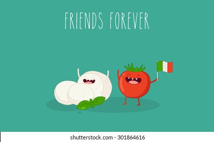 Breakfast, mozzarella cheese and tomato, Italy. Comic characters. Vector cartoon. Use in the menu, in the shop, in the bar, the card or stickers.