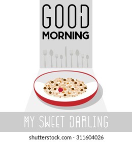  Breakfast muesli illustration. 'Good morning' poster. Cereal bowl can be used as an object.