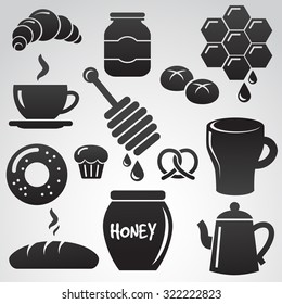 Breakfast with muffins, cakes, hot tea and honey. Vector icon set.