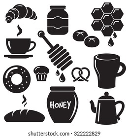 Breakfast with muffins, cakes, hot tea and honey. Vector icon set.