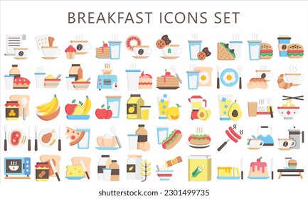 Breakfast multi color icons set, contain bread, milk, cake, tea, juice, croissant, glass, coffee and more. use for modern concept, UI or UX kit, web and app. vector EPS 10 ready convert to SVG. svg