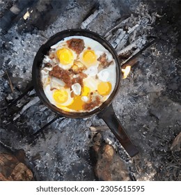 Breakfast in nature. Picnic in the forest. Scrambled eggs on the fire. Summer.