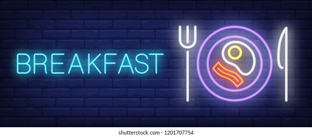 Breakfast neon sign. Ham and fried egg on plate. Night bright advertisement. Vector illustration in neon style for business breakfast, cafe, restaurant, hotel