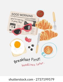 breakfast and newspaper minimal art style vector illustration