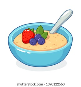 Breakfast Oatmeal Bowl With Berries. Traditional Cereal Porridge With Fruit, Vector Clip Art Illustration.