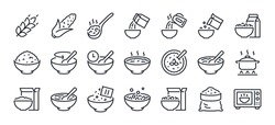 Breakfast, Oatmeal And Cereals Editable Stroke Outline Icons Set Isolated On White Background Flat Vector Illustration. Pixel Perfect. 64 X 64.