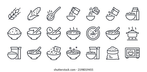 Breakfast, oatmeal and cereals editable stroke outline icons set isolated on white background flat vector illustration. Pixel perfect. 64 x 64.