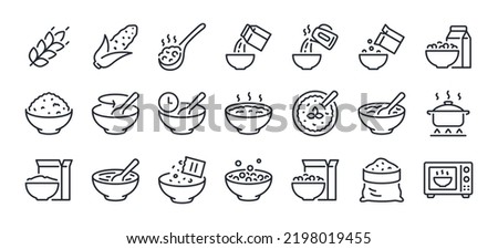 Breakfast, oatmeal and cereals editable stroke outline icons set isolated on white background flat vector illustration. Pixel perfect. 64 x 64.