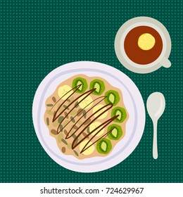 Breakfast oatmeal porridge with berries top view tasty gourmet delicious vegetarian fresh eating morning dessert vector illustration.