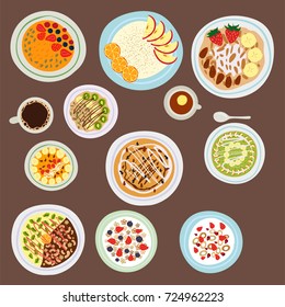 Breakfast oatmeal porridge with berries top view tasty gourmet delicious vegetarian fresh eating morning dessert vector illustration.