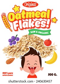 Breakfast Oatmeal Whole Grain Wheat Flakes With Fruits Vector Box Design Template In Cartoon Comic Style With Happy Kid Boy