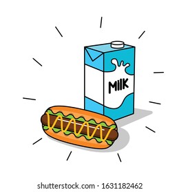Breakfast object vector.Line art design.Milk and Hot Dog of meal.