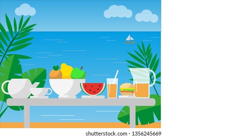 Breakfast on the beach with different fruits, juice and burger. Dishes and food on table near the sea. Flat vector illustration.