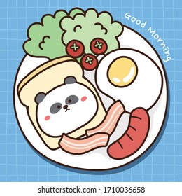 Breakfast on blue tablecloth hand drawn.Cute panda bear bread,tomatoes,fried egg,bacon,sausage,vegetable doodle.Cartoon character design.Children graphic.Vector.Illustration.
