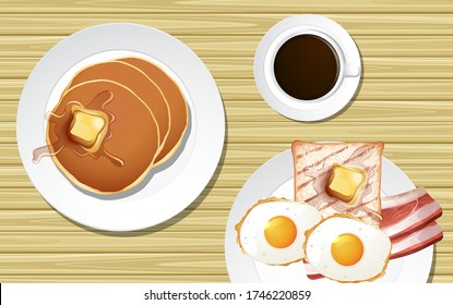 Breakfast on desk close up with coffee cup cartoon style illustration
