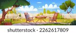 Breakfast on house backyard with table and chair on green grass, tree swing. Cartoon vector illustration of summer patio furniture outdoor. Countryside exterior design in the sunny morning weekend.