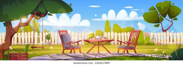 Desayuno en el patio trasero de la casa con mesa y silla sobre hierba verde, columpio de árboles. Dibujo vectorial de dibujos animados del mobiliario de patio de verano al aire libre. Diseño exterior rural el fin de semana soleado por la mañana.