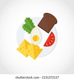 Breakfast on a plate. Boiled egg, tomato, cheese, herbs, bread. Vector drawing in a flat style on a white background.