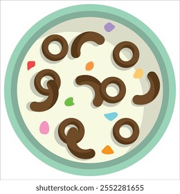 Desayuno en un plato copos de maíz con leche. Desayuno con leche de cereales. Abrigos enrollados. Cuenco con diferentes hojuelas dulces y crujientes. Comida saludable para los niños. Icono de Vector plano de vista superior.