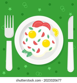 Breakfast on a plate with cutlery. Vector illustration in flat design