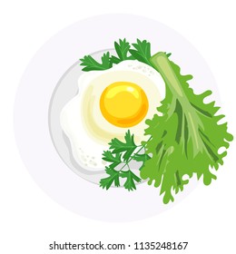 Breakfast on plate with fried egg, parsley and green salad. Top view. Vector iilustration isolated on white background. Healthy vegetarian food composition.