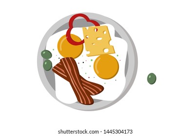 Breakfast on plate. Fried eggs, bacon, slice of cheese, pepper, olives. view from above. Flat Vector Illustration
