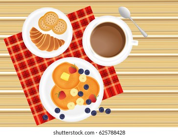 Breakfast on the table with coffee, and pancakes. Vector illustration