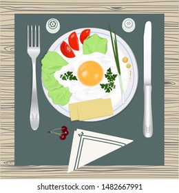 Breakfast on the table with fork, knife and napkin. Vector.