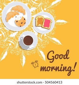 Breakfast on the table, good morning concept. Vector